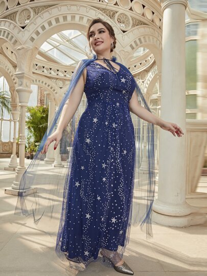 Plus Galaxy Print Mesh Overlay Formal Dress With Cape SHEIN USA