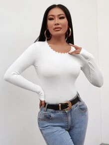 SHEIN PETITE 條紋針織鏤空蕾絲花邊T恤 - 白色 - 查看 1