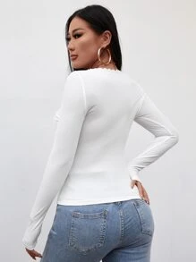 SHEIN PETITE 條紋針織鏤空蕾絲花邊T恤 - 白色 - 查看 2