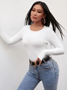 SHEIN PETITE 條紋針織鏤空蕾絲花邊T恤 - 白色 - 查看 4