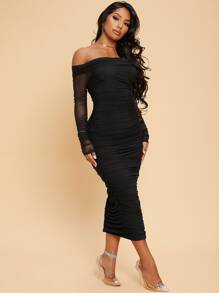 Radiana Vestido Largo De Manga Larga Ajustado, Sexy, Con Hombros Descubiertos Y Volantes De Malla Para Citas En Primavera Y Verano - Negro - Ver 3