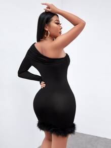SHEIN PETITE One Shoulder Fuzzy Trim Bodycon Dress - Black - View 3