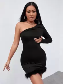 SHEIN PETITE One Shoulder Fuzzy Trim Bodycon Dress - Black - View 1