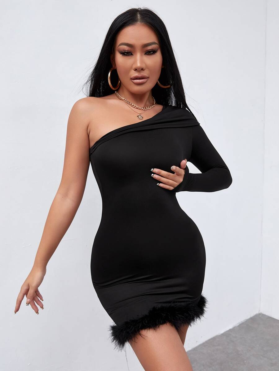 SHEIN PETITE One Shoulder Fuzzy Trim Bodycon Dress - Black - View 1