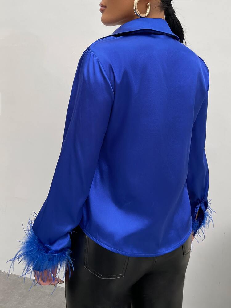 SHEIN SXY Fuzzy Cuff Satin Shirt - Royal Blue - View 2