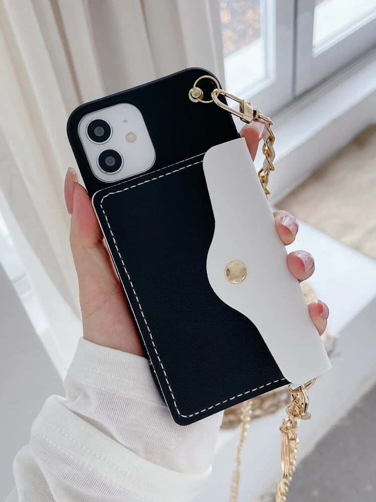 Wallet Phone Case With Chain Lanyard - Black and White - View 1