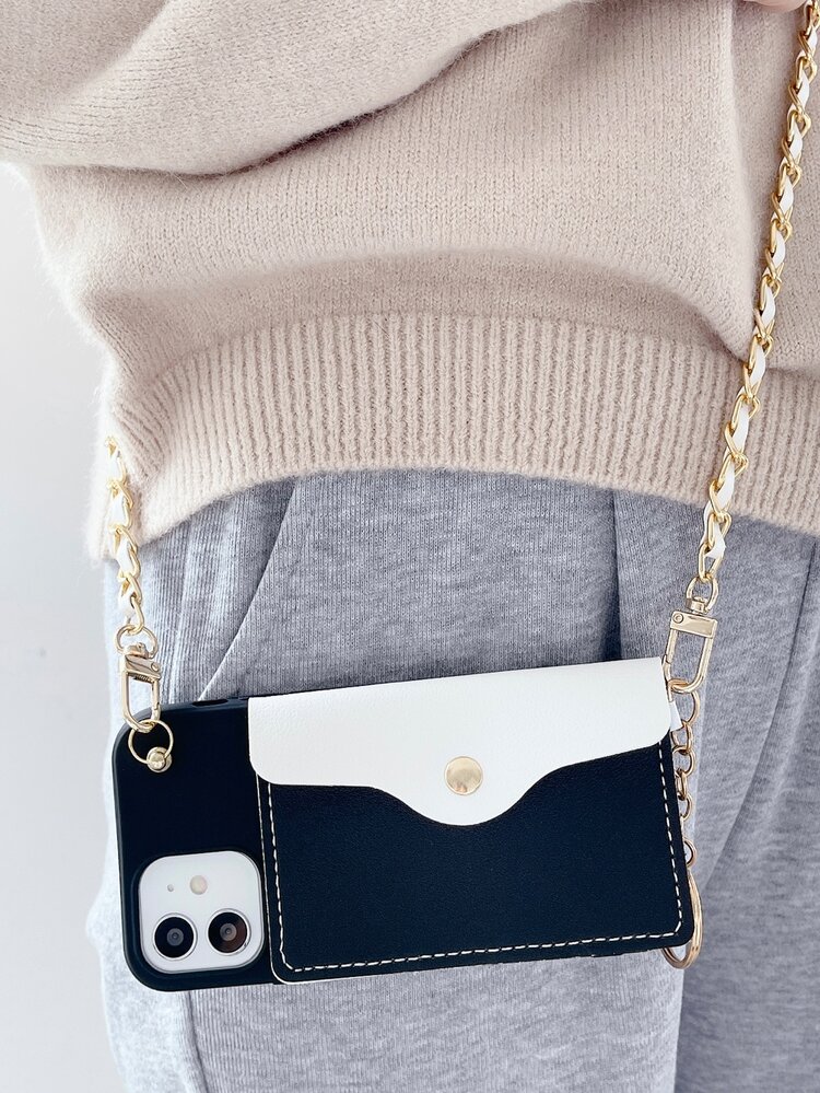 Wallet Phone Case With Chain Lanyard - Black and White - View 2