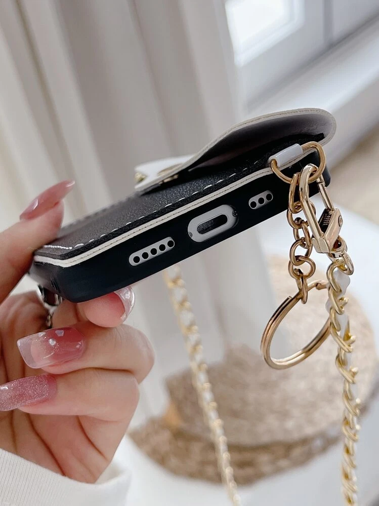 Wallet Phone Case With Chain Lanyard - Black and White - View 3
