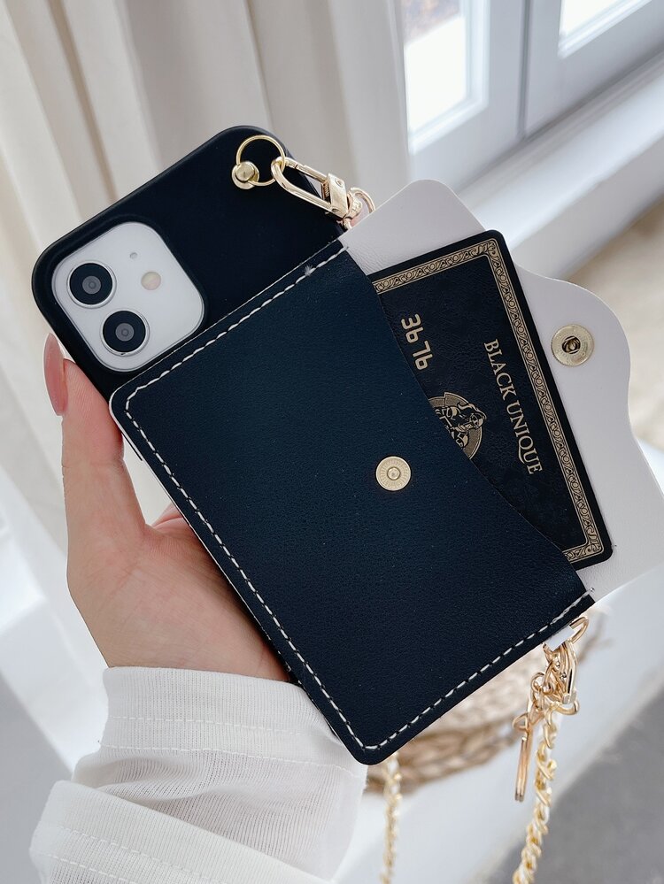 Wallet Phone Case With Chain Lanyard - Black and White - View 4