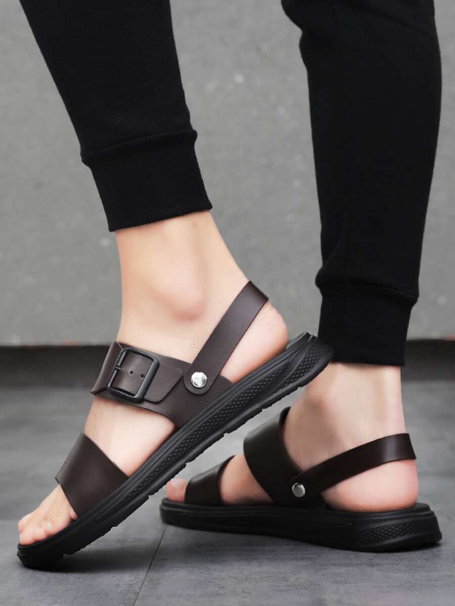 Men Buckle Decor Slingback Sandals - Brown - View 1
