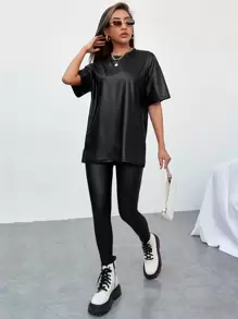 ROMWE PUNK Drop Shoulder PU Leather Top & Leggings - Black - View 1