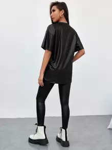ROMWE PUNK Drop Shoulder PU Leather Top & Leggings - Black - View 2