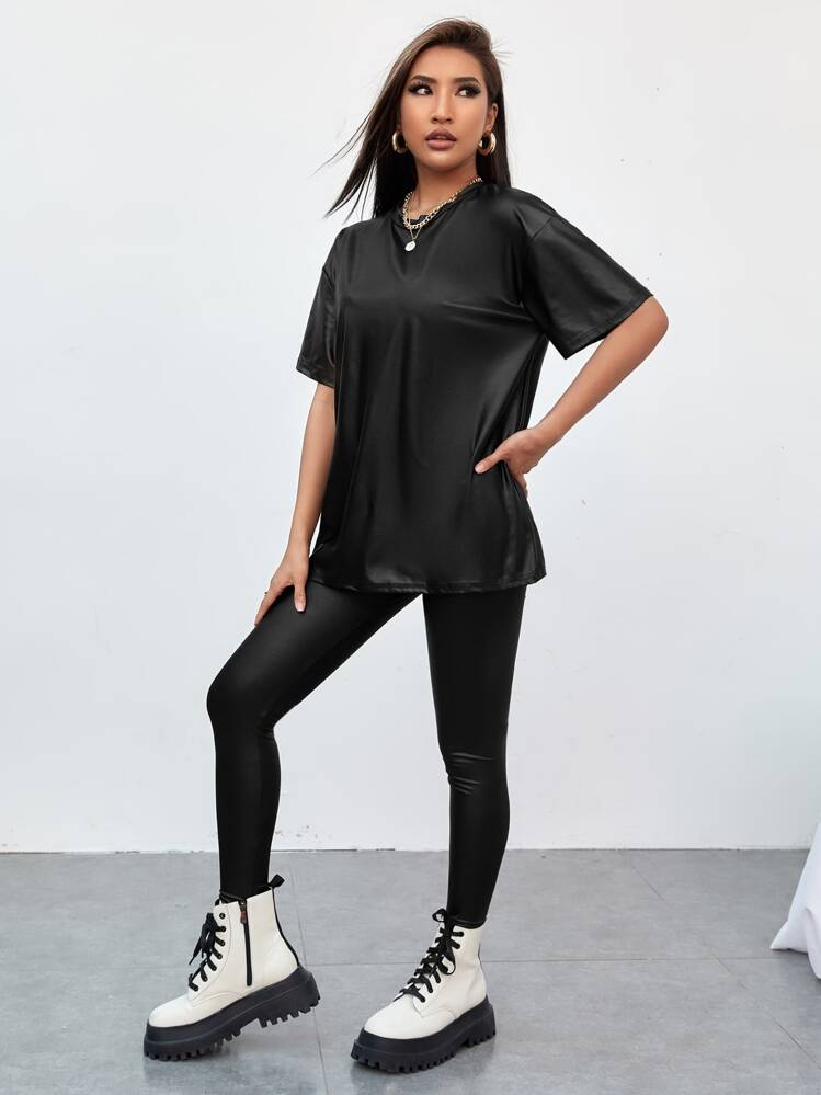 ROMWE PUNK Drop Shoulder PU Leather Top & Leggings - Black - View 3