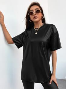 ROMWE PUNK Drop Shoulder PU Leather Top & Leggings - Black - View 4