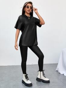 ROMWE PUNK Drop Shoulder PU Leather Top & Leggings - Black - View 5