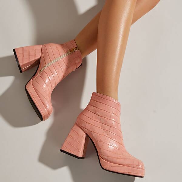 

Crocodile Embossed Platform Chunky Heeled Boots, Pink