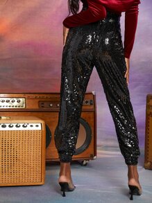 SHEIN BAE Pantalones de talle alto con lentejuelas - Negro - Ver 2