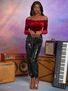 SHEIN BAE Pantalones de talle alto con lentejuelas - Negro - Ver 3