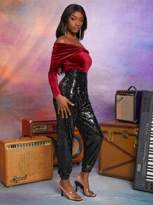 SHEIN BAE Pantalones de talle alto con lentejuelas - Negro - Ver 4