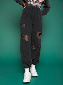 SHEINNeu 破洞彈性腰帶衛褲 - 深灰色 - 查看 1