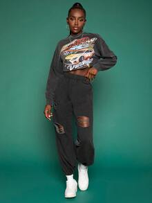 SHEINNeu 破洞彈性腰帶衛褲 - 深灰色 - 查看 3