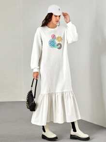 Mulvari Floral Print Drop Shoulder Appliques Ruffle Hem Dress - White - View 1