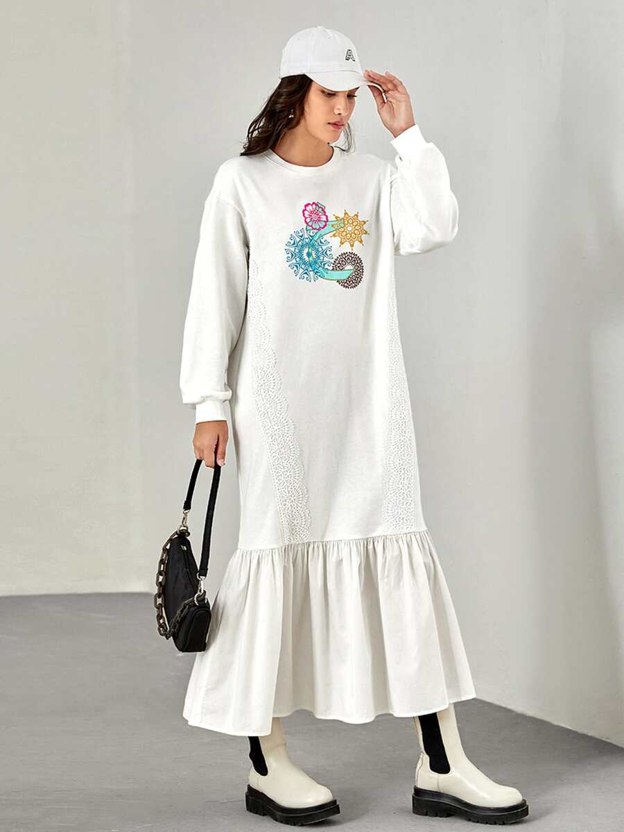 Mulvari Floral Print Drop Shoulder Appliques Ruffle Hem Dress - White - View 1