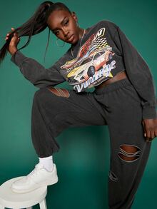 SHEINNeu 破洞彈性腰帶衛褲 - 深灰色 - 查看 4