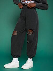 SHEINNeu 破洞彈性腰帶衛褲 - 深灰色 - 查看 5