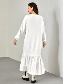 Mulvari Floral Print Drop Shoulder Appliques Ruffle Hem Dress - White - View 2