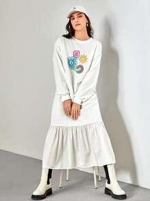 Mulvari Floral Print Drop Shoulder Appliques Ruffle Hem Dress - White - View 3