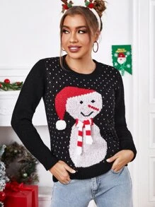 SHEIN Jersey Navidad con diseño de pompón con patrón deç muñeca de nieve con corazón - Multicolor - Ver 1