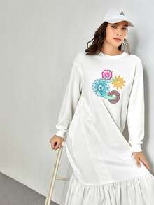 Mulvari Floral Print Drop Shoulder Appliques Ruffle Hem Dress - White - View 5