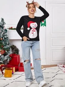 SHEIN Jersey Navidad con diseño de pompón con patrón deç muñeca de nieve con corazón - Multicolor - Ver 3