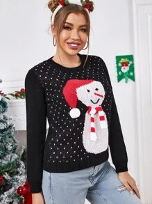 SHEIN Jersey Navidad con diseño de pompón con patrón deç muñeca de nieve con corazón - Multicolor - Ver 4