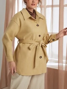 Plus Drop Shoulder Belted Overcoat - Yellow - View 3