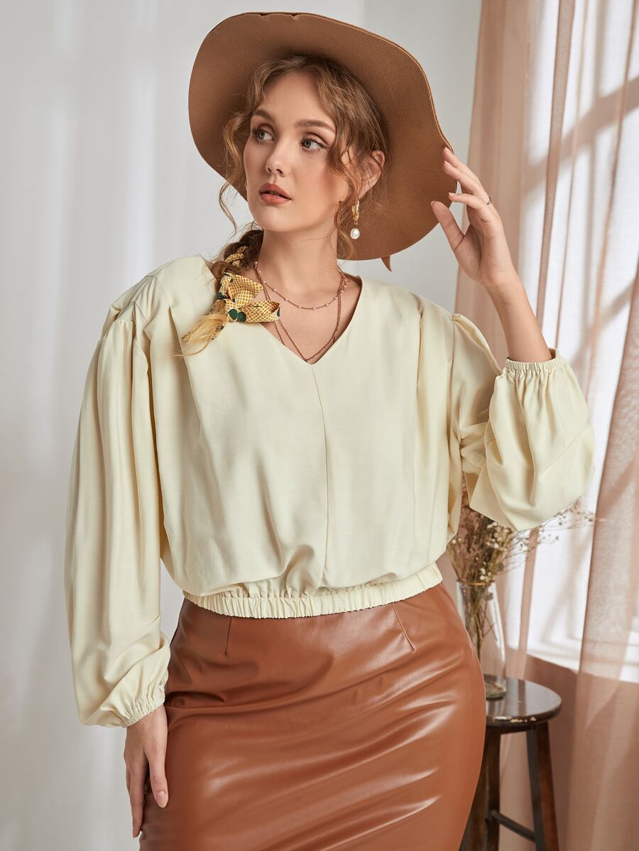 SHEIN Unity Áo sơ mi Plus Size Uốn nếp màu trơn Giải trí - Màu be - Xem 1