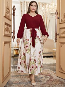 Modelyn Plus Random Floral Print Lantern Sleeve Knot Front Dress - Multicolor - View 1