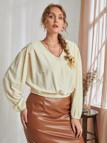 SHEIN Unity Áo sơ mi Plus Size Uốn nếp màu trơn Giải trí - Màu be - Xem 4