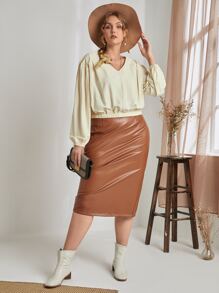 SHEIN Unity Áo sơ mi Plus Size Uốn nếp màu trơn Giải trí - Màu be - Xem 5