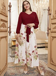 Modelyn Plus Random Floral Print Lantern Sleeve Knot Front Dress - Multicolor - View 3