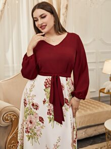 Modelyn Plus Random Floral Print Lantern Sleeve Knot Front Dress - Multicolor - View 4