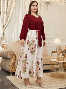 Modelyn Plus Random Floral Print Lantern Sleeve Knot Front Dress - Multicolor - View 5