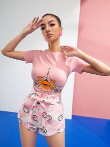 MADUJUNE Figure Graphic Paperbag Waist Belted Shorts - Multicolor - View 4