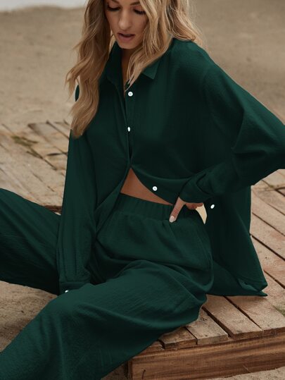 Siren Gaze 2pcs/Set Women Print Long Sleeve Shirt And Casual Airport, Vacation Outfit, Autumn Boho Winter Green Christmas Spring Holiday Resort