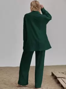 Siren Gaze Slit Hem Longline Blouse & Wide Leg Trousers Set - Dark Green - View 2