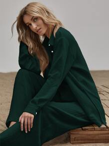 Siren Gaze Slit Hem Longline Blouse & Wide Leg Trousers Set - Dark Green - View 3
