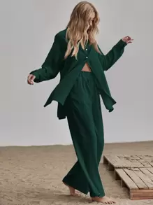 Siren Gaze Slit Hem Longline Blouse & Wide Leg Trousers Set - Dark Green - View 4