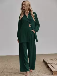 Siren Gaze Slit Hem Longline Blouse & Wide Leg Trousers Set - Dark Green - View 5
