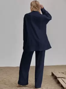 Siren Gaze 下擺開叉長款襯衫和闊腿褲套裝 - 藏蓝色 - 查看 2